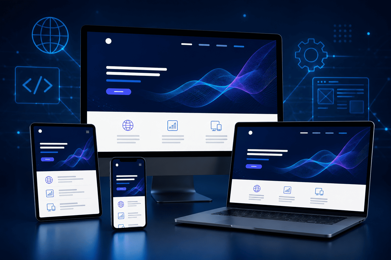 Equipo de desarrollo web trabajando en proyecto profesional con múltiples dispositivos