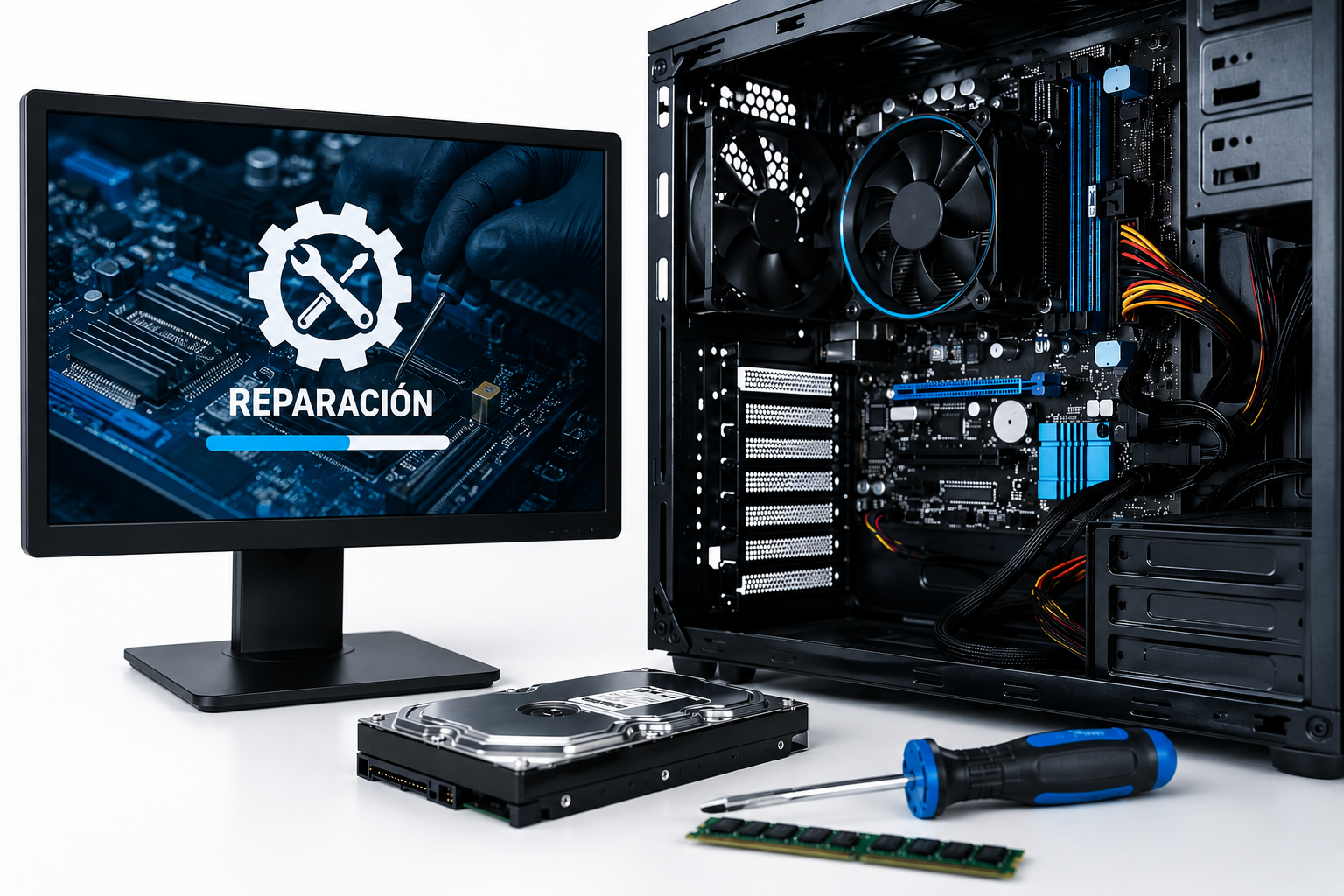 Técnico realizando mantenimiento preventivo y reparación de laptops y computadoras de escritorio